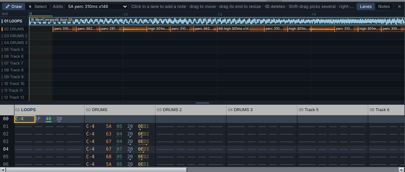 The side view of a split song: a lane of loop waveforms, a lane of drum hits named by sound, and the tracker grid with the same notes below.