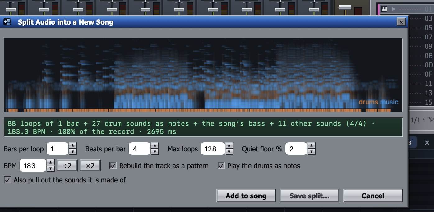 The Split Audio into a New Song window: a picture of the song's sound, drums in orange and music in blue, and the result: 88 loops of 1 bar, 27 drum sounds as notes, the song's bass and 11 other sounds, at 183.3 BPM, covering 100% of the record.